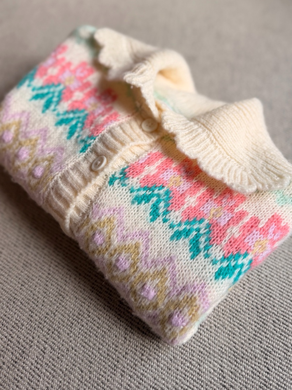 Primark Cream Fair Isle Cardigan with Pink and Teal Accents